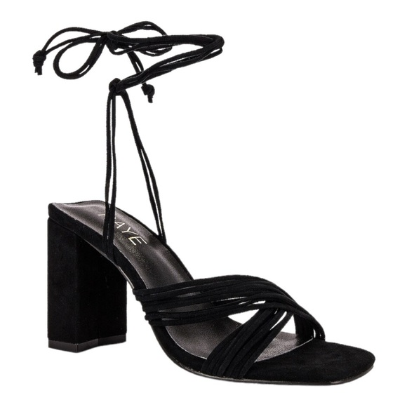 RAYE Shoes - NEW RAYE Black Strappy Block Heel Sandal Gian Ankle Wrap Tie Suede Leather 9.5